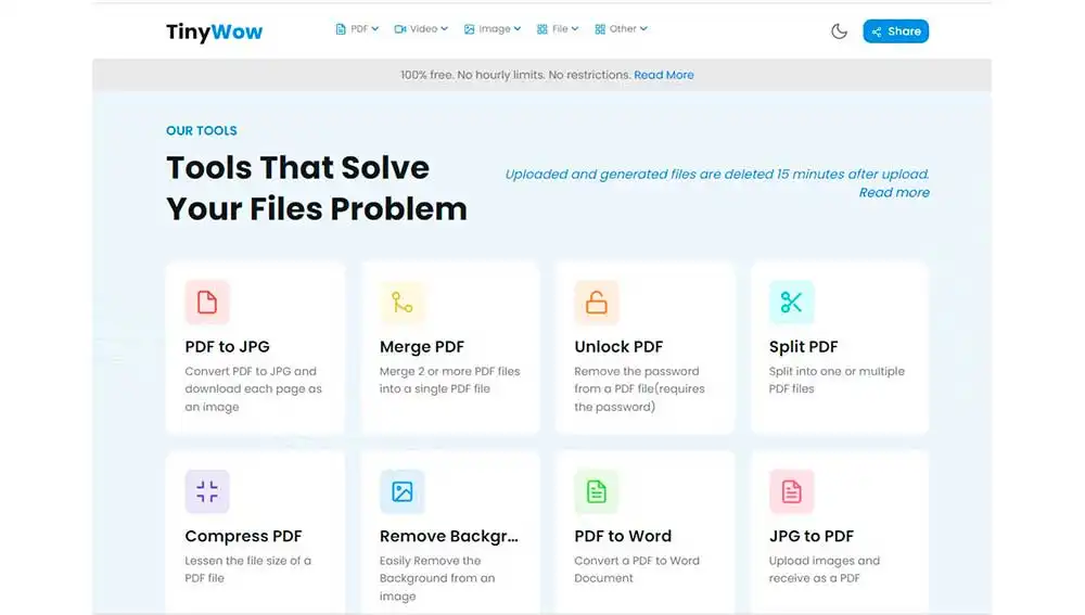 Карточки PDF-инструментов TinyWow в раннем интерфейсе