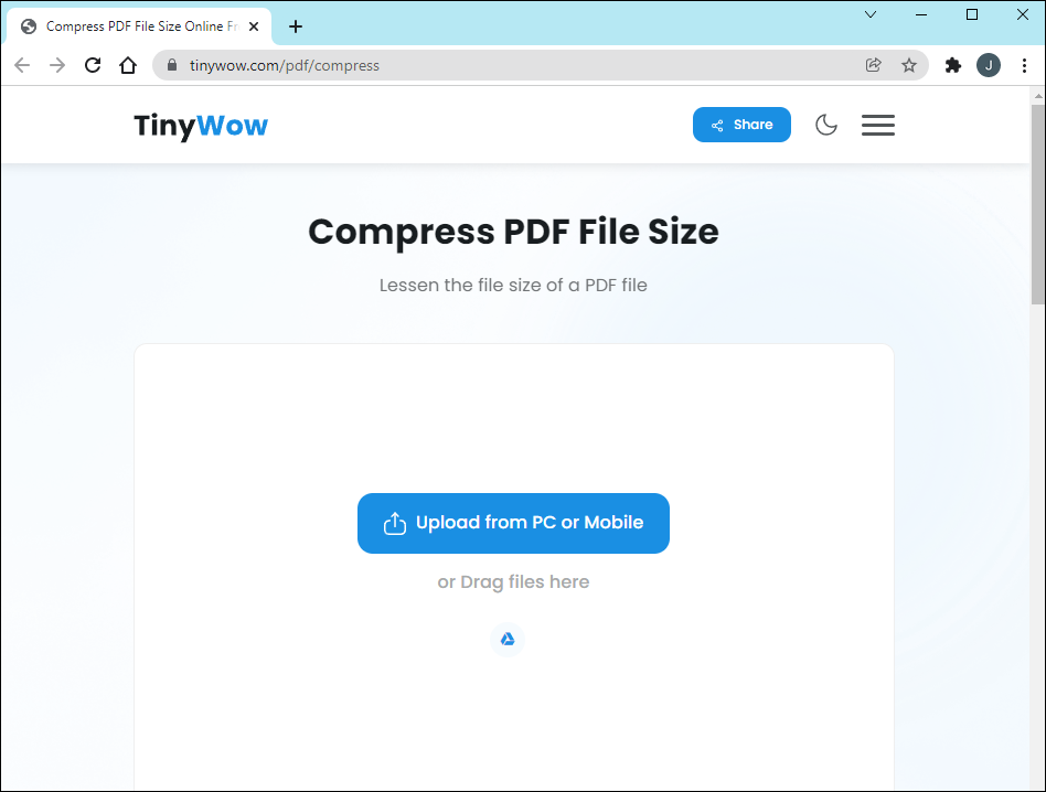 Экран загрузки файла в Compress PDF TinyWow