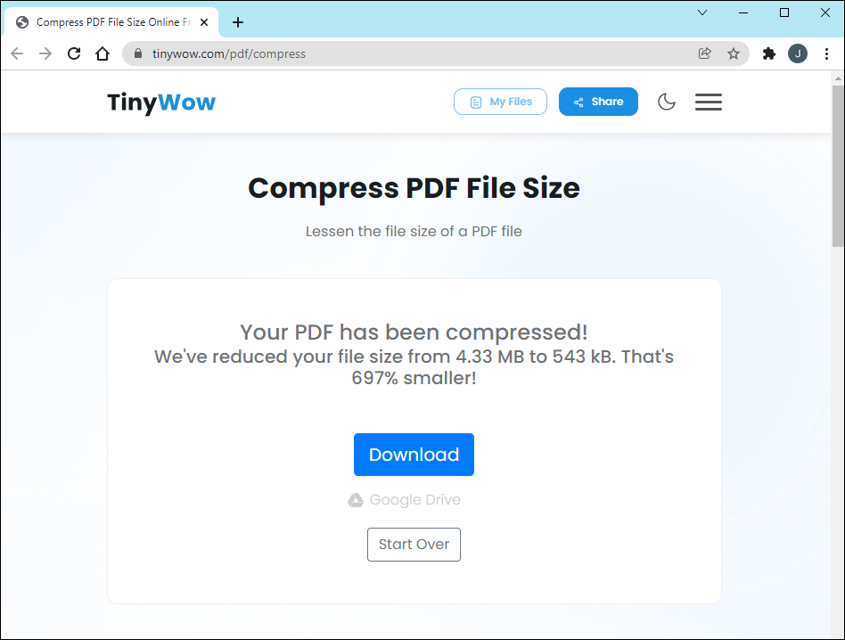Экран результата сжатия PDF в TinyWow