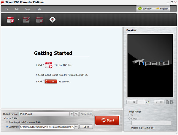 Главное окно Tipard PDF Converter Platinum до добавления PDF