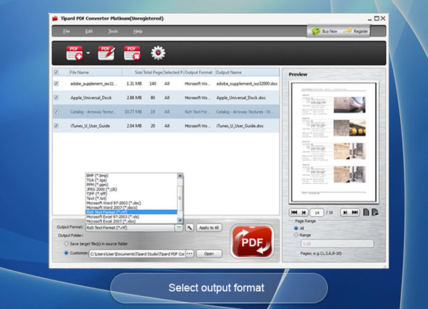 Меню выходных форматов Tipard PDF Converter Platinum