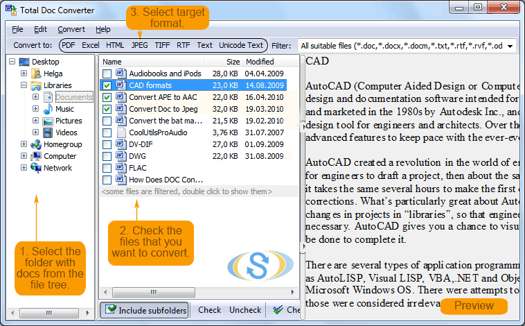 Исторический интерфейс Total Doc Converter с пояснениями основных областей