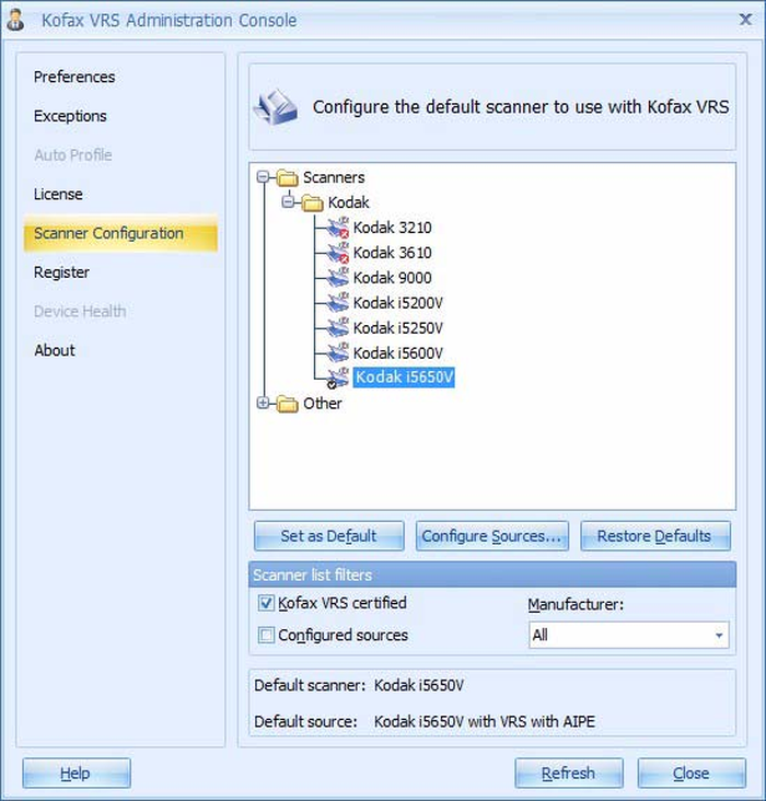Панель Scanner Configuration со списком источников