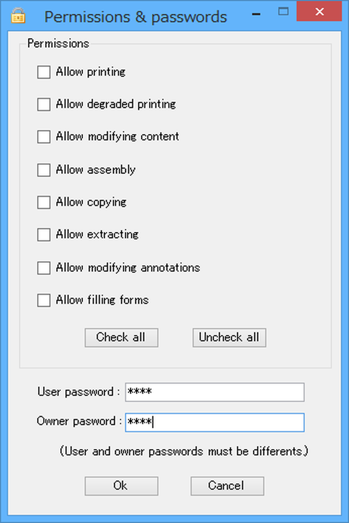 Настройки паролей и разрешений UnityPDF