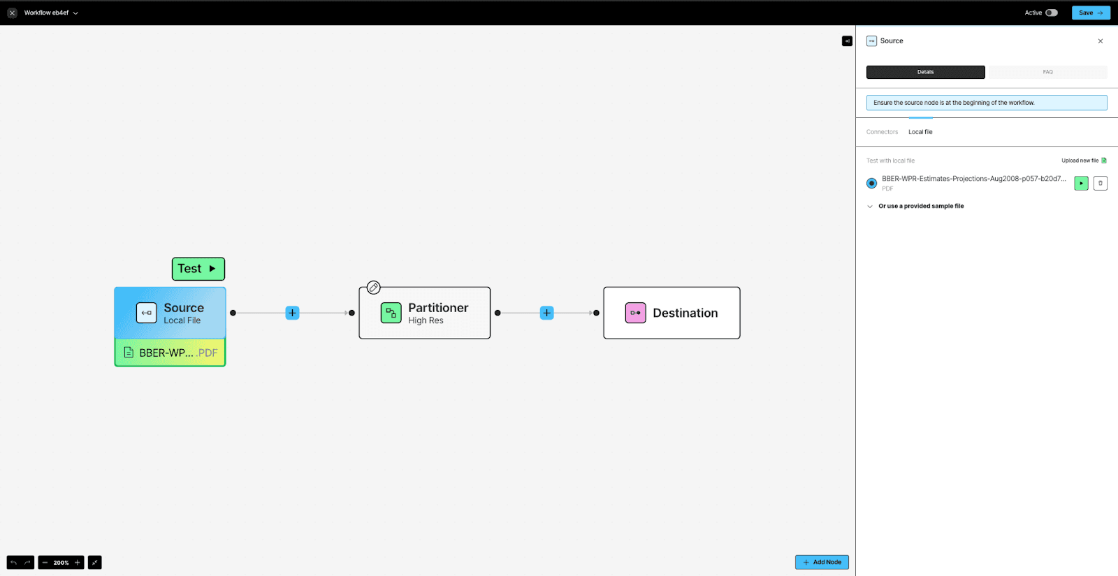 Конструктор рабочего процесса Unstructured с источником, разбором и назначением
