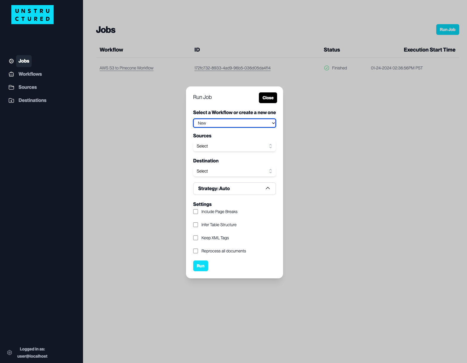 Диалог ручного запуска задания Unstructured
