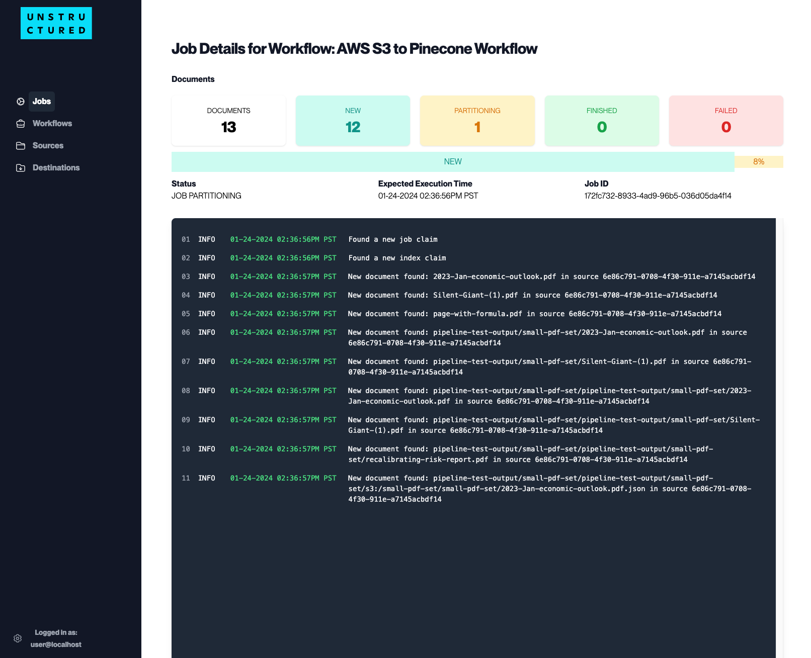 Подробности задания и журнал обработки документов Unstructured