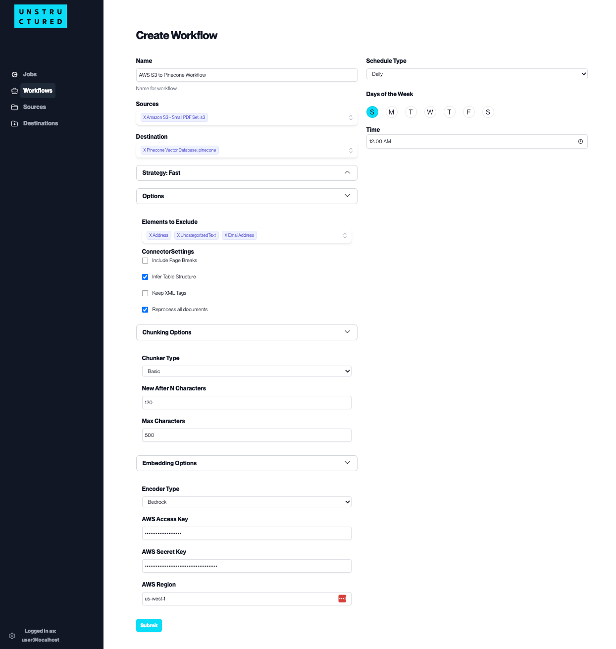 Параметры создания рабочего процесса Unstructured