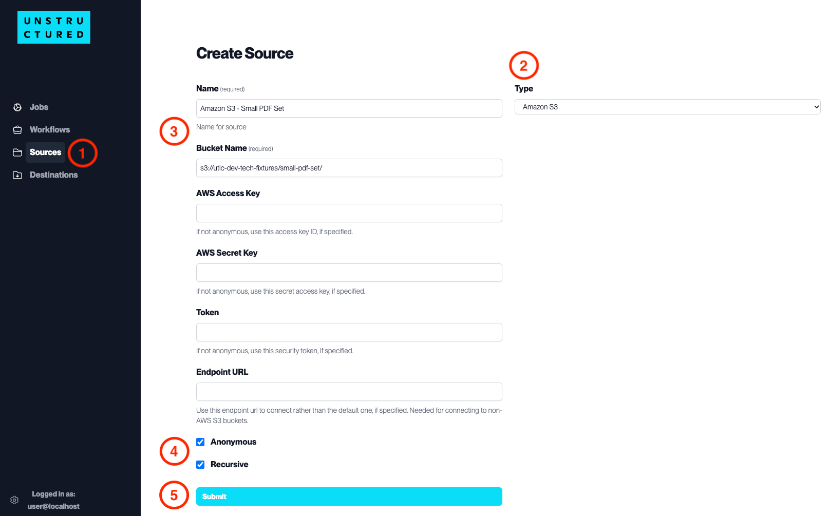 Форма источника Amazon S3 в Unstructured