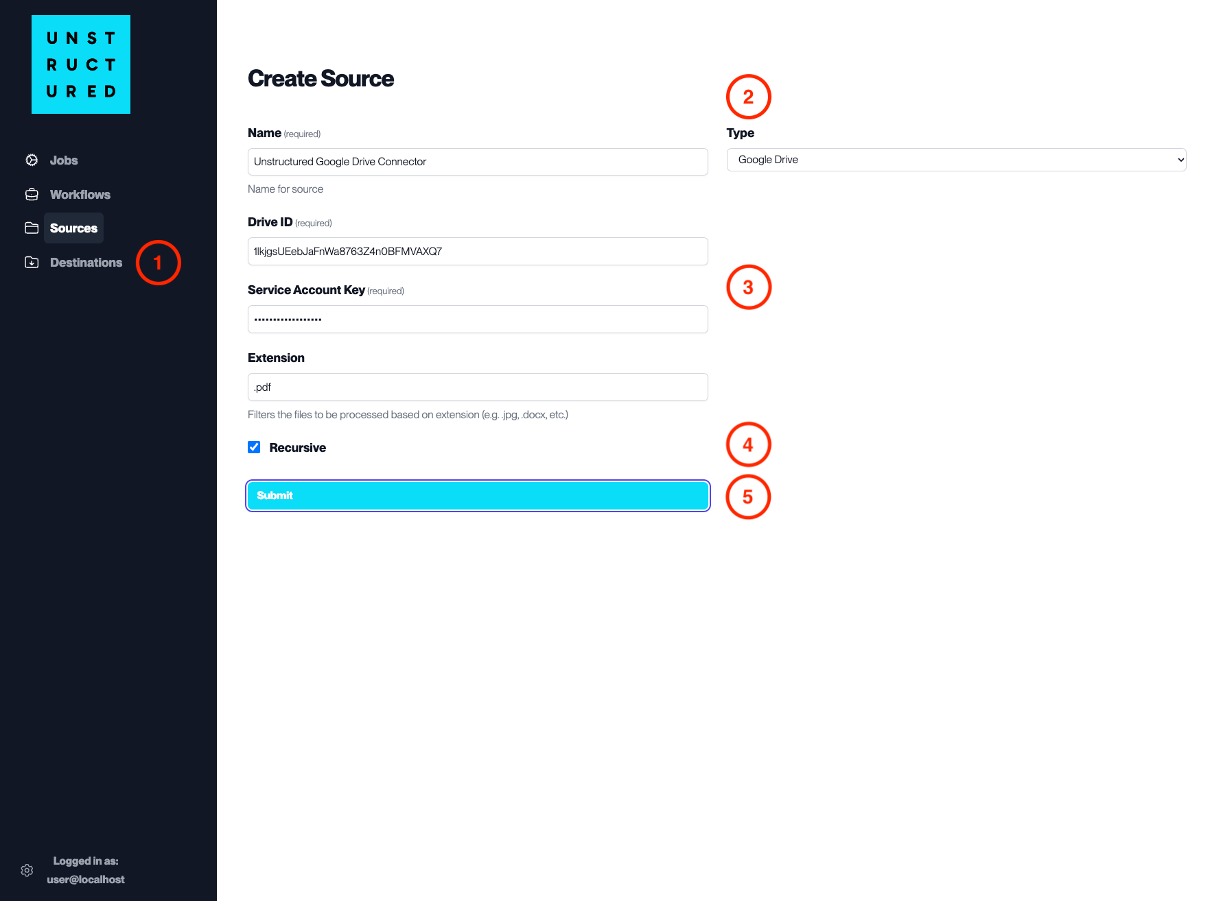 Форма источника Google Drive в Unstructured