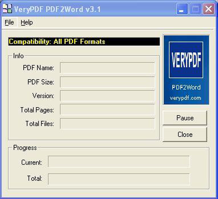 Главное окно VeryPDF PDF2Word 3.1 со сведениями о PDF и индикатором обработки