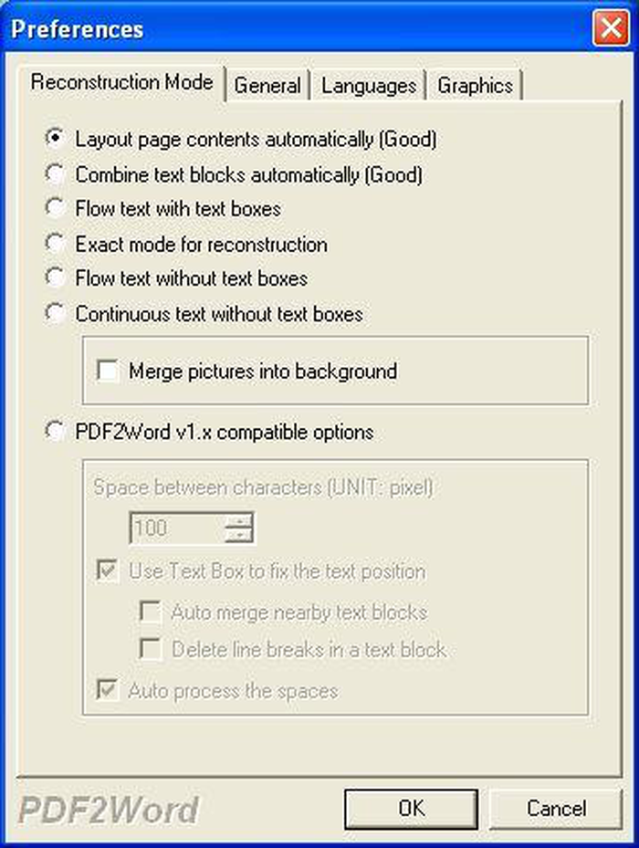 Вкладка Reconstruction Mode с режимами восстановления макета PDF в Word