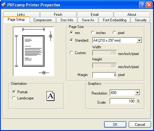 Вкладка Page Setup в свойствах PDFcamp Printer
