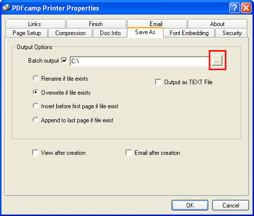 Параметры сохранения и объединения в PDFcamp Printer