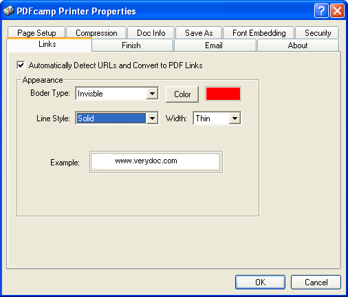 Параметры распознавания ссылок PDFcamp Printer