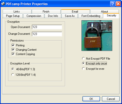 Настройки паролей и разрешений PDFcamp Printer