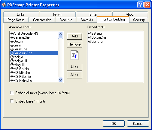 Выбор встраиваемых шрифтов PDFcamp Printer
