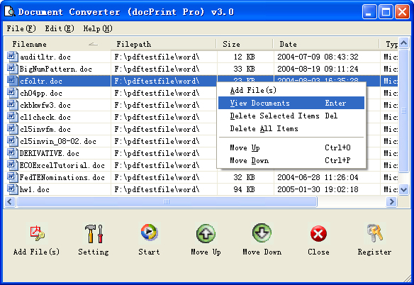 Главное окно VeryPDF docPrint Pro со списком файлов и командами очереди