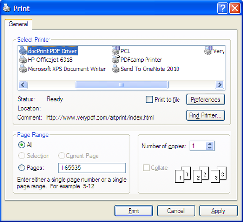 Выбор виртуального принтера docPrint PDF Driver в диалоге печати