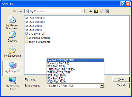 Список форматов сохранения через docPrint PDF Driver