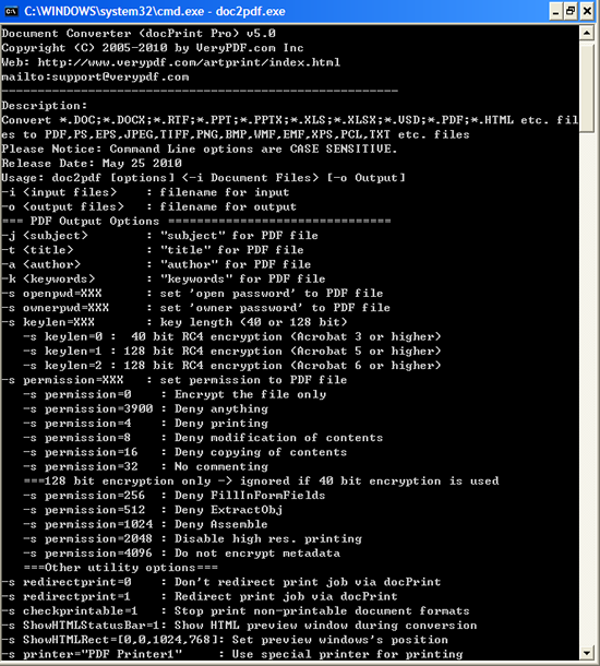 Справка командной строки doc2pdf.exe