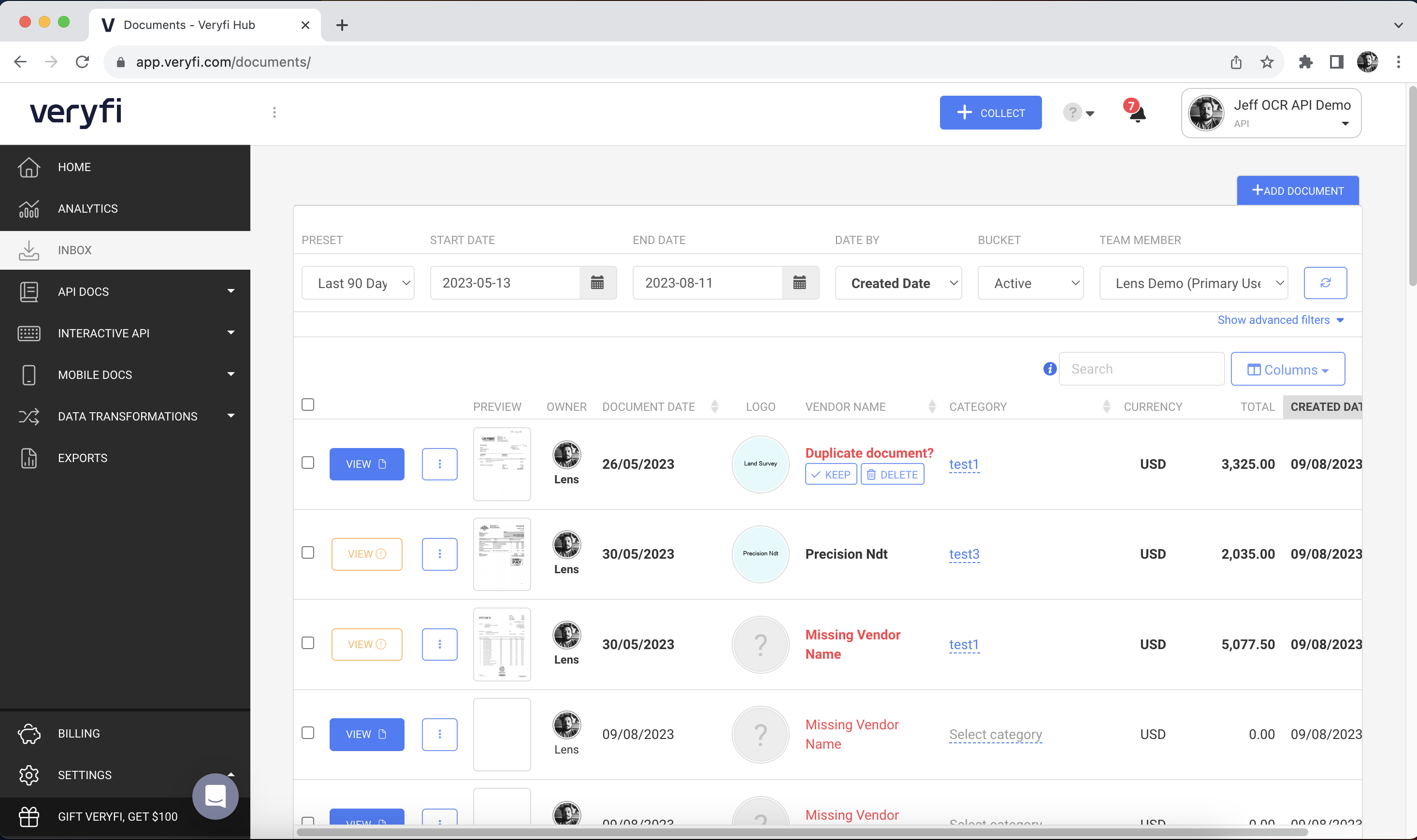 Таблица Inbox с фильтрами, колонками и списком распознанных документов