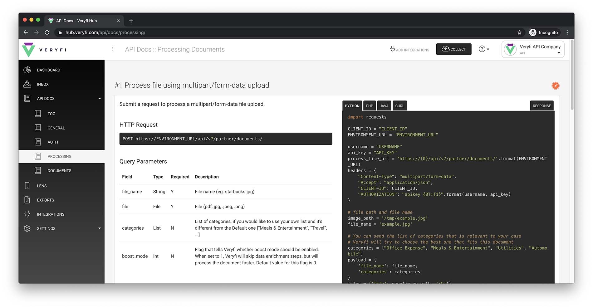 Раздел API Docs с параметрами запроса и примерами кода