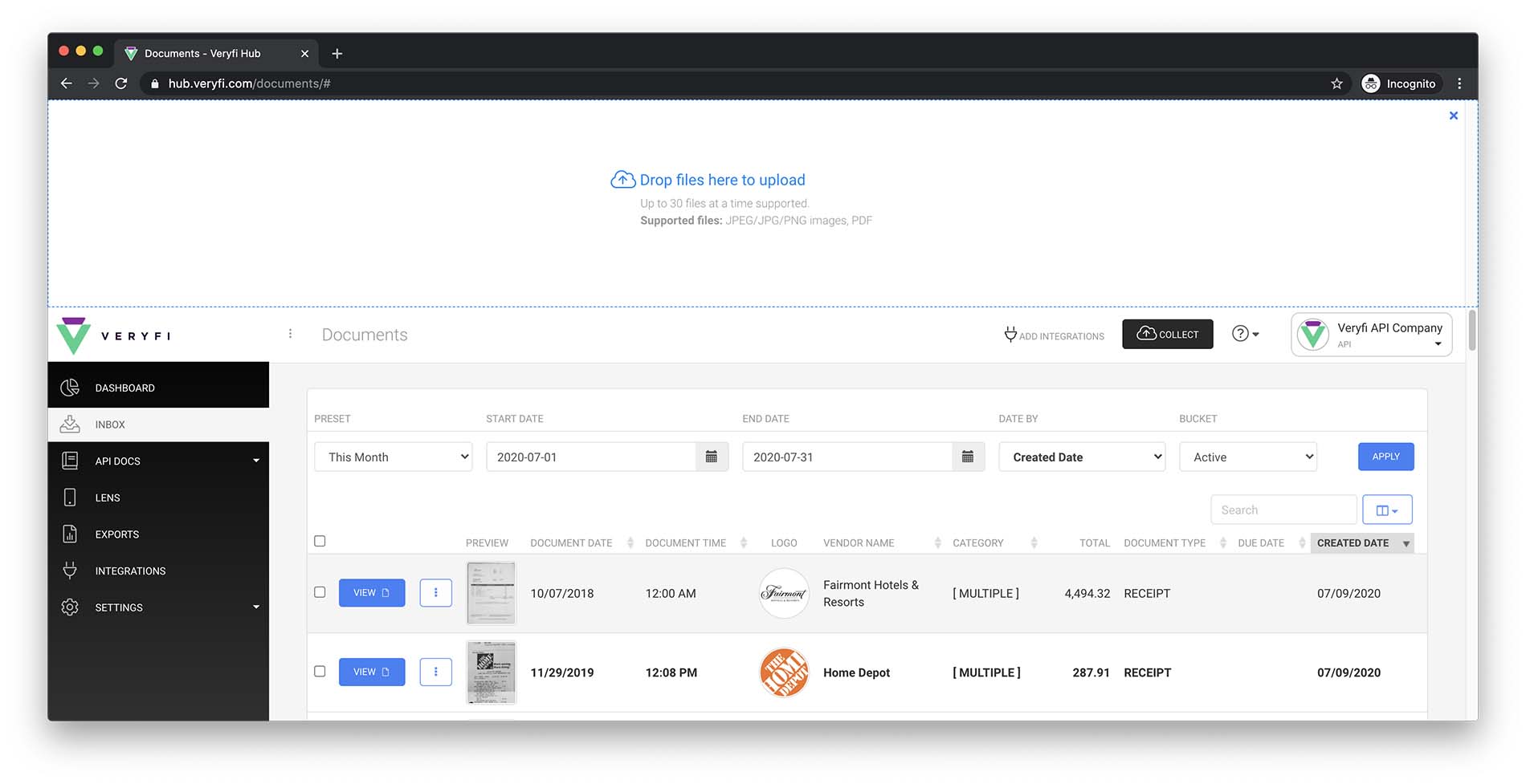 Ручной сбор документов через область Collect над списком Inbox