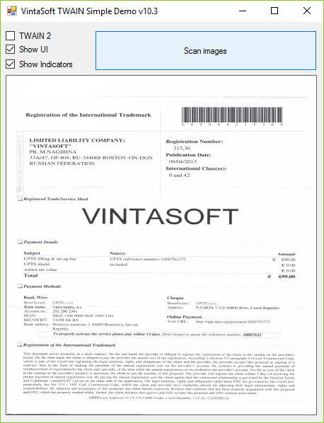 Окно получения документа со сканера в демонстрации VintaSoft