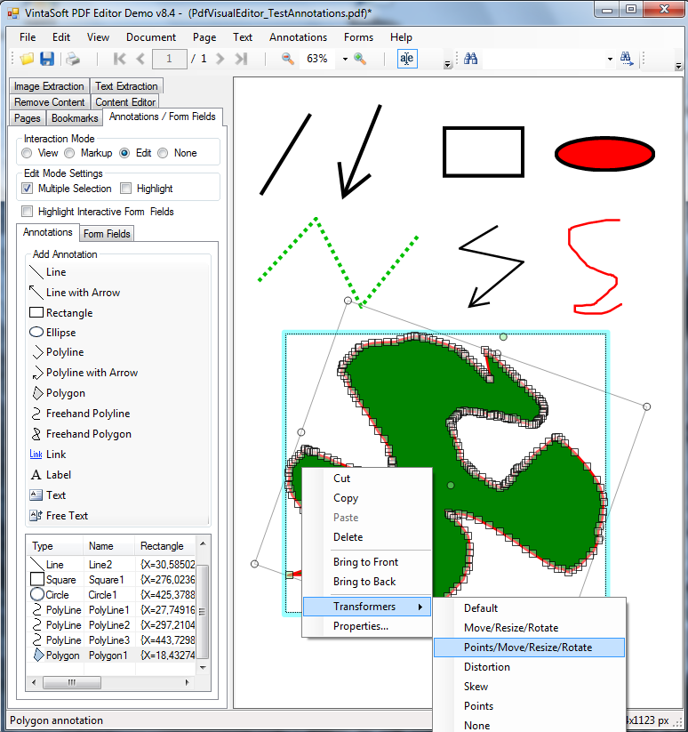 Трансформация аннотации в VintaSoft PDF Editor Demo