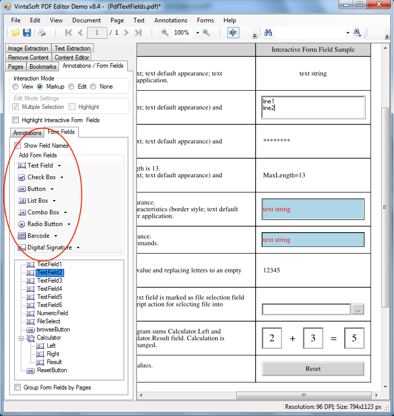 Заполнение полей формы в VintaSoft PDF Editor Demo