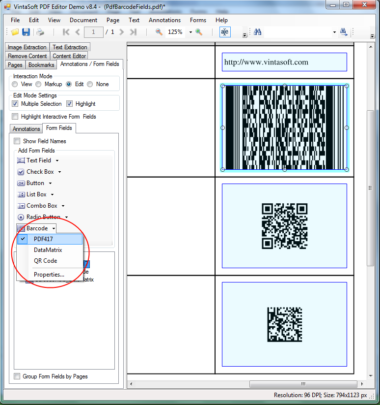 Создание полей PDF417, QR Code и DataMatrix в VintaSoft