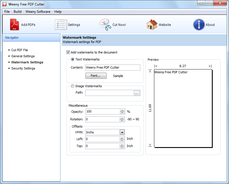Watermark Settings с текстовой маркировкой, прозрачностью, поворотом и смещением