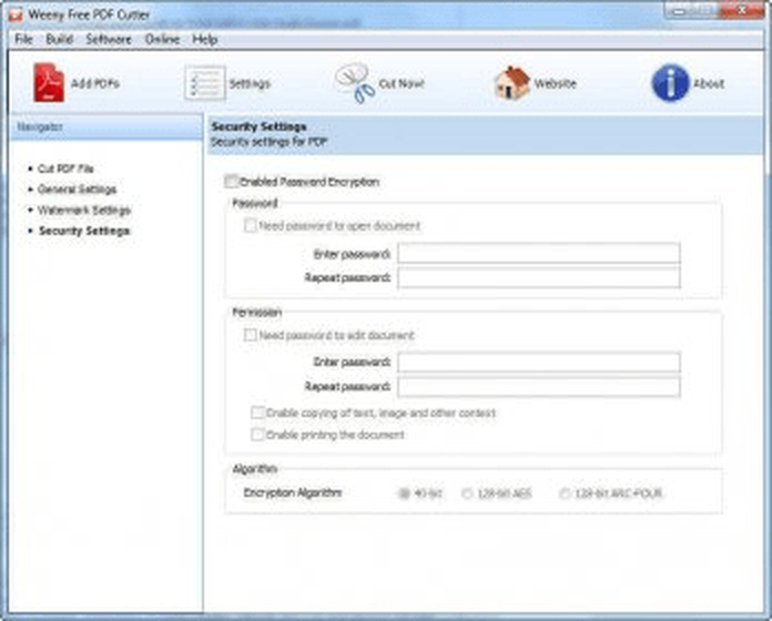 Security Settings с паролями, разрешениями и вариантами шифрования