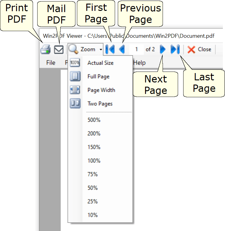 Панель просмотра и навигации Win2PDF Desktop