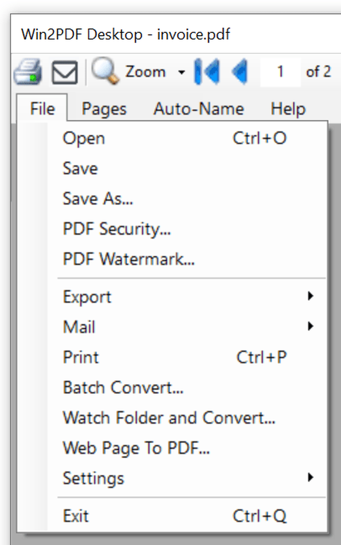 Меню File в Win2PDF Desktop
