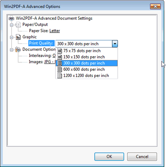 Выбор разрешения печати Win2PDF