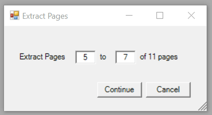 Диалог извлечения диапазона страниц Win2PDF