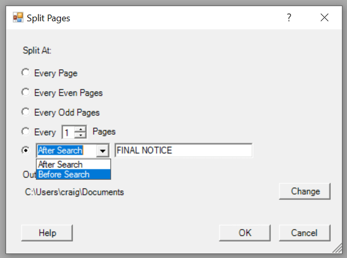 Диалог разделения страниц Win2PDF