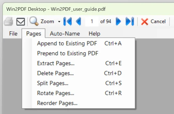 Меню операций со страницами Win2PDF Desktop