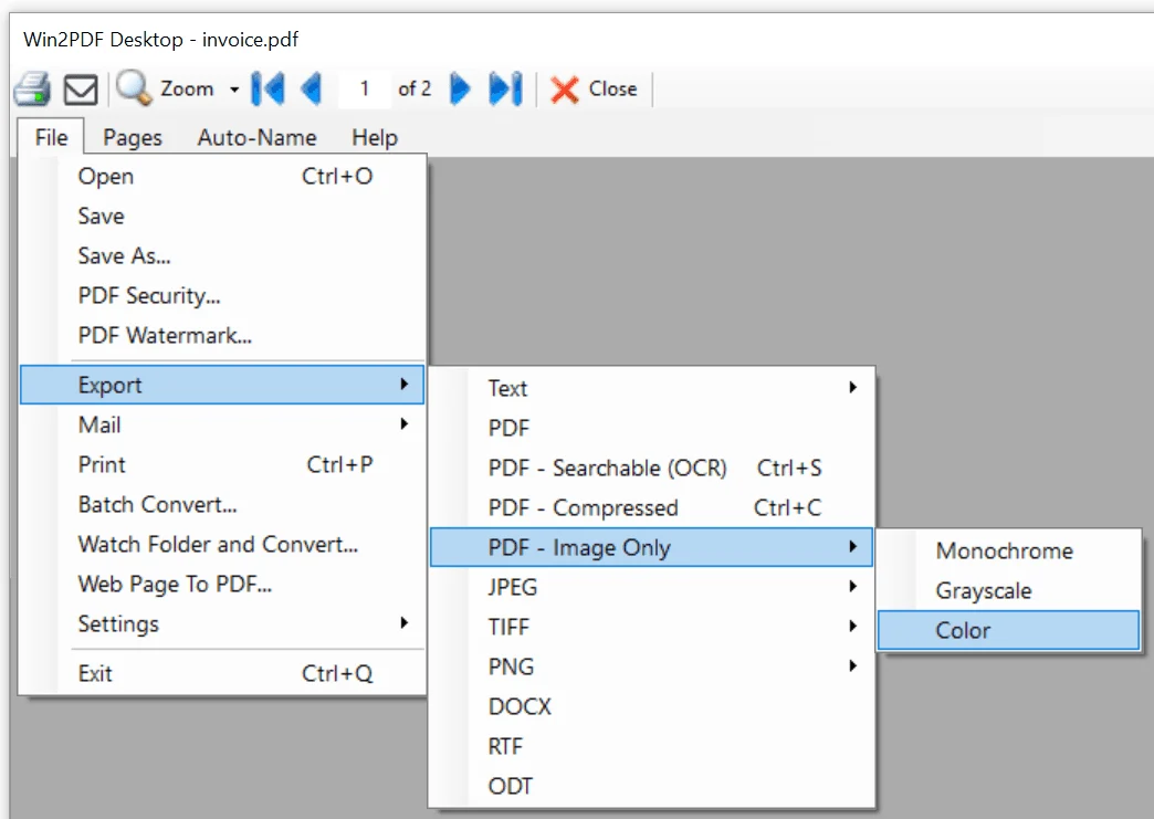 Меню экспорта Win2PDF Desktop