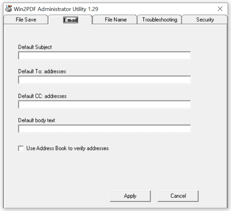 Настройки электронной почты в Win2PDF Admin Utility