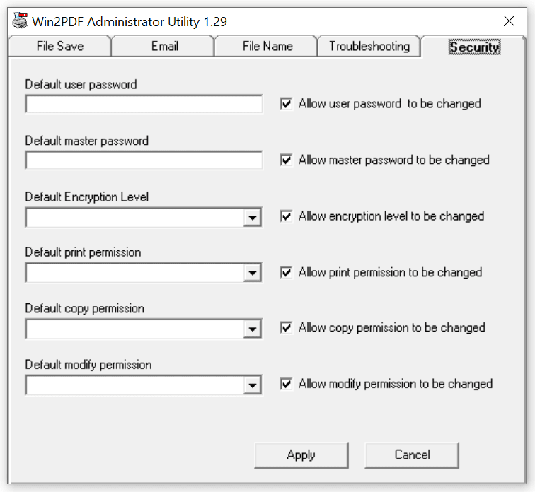 Параметры безопасности PDF в Win2PDF