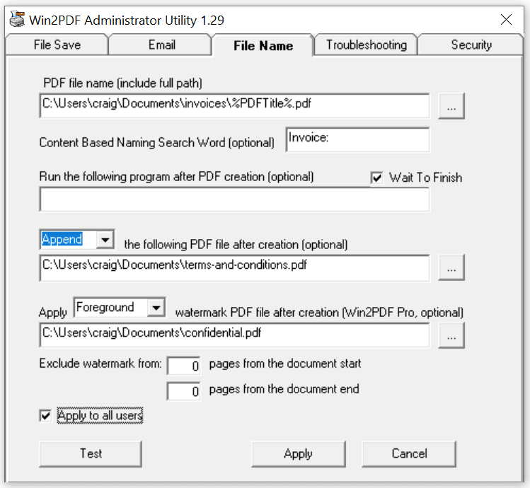 Административная настройка имени файла Win2PDF