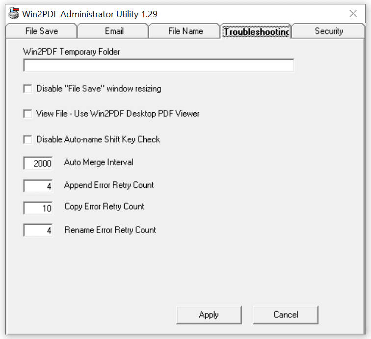 Вкладка диагностики Win2PDF Admin Utility