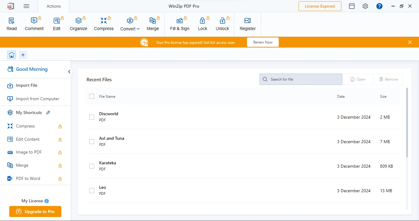 Стартовый экран WinZip PDF Pro со списком недавних файлов и панелью быстрых действий