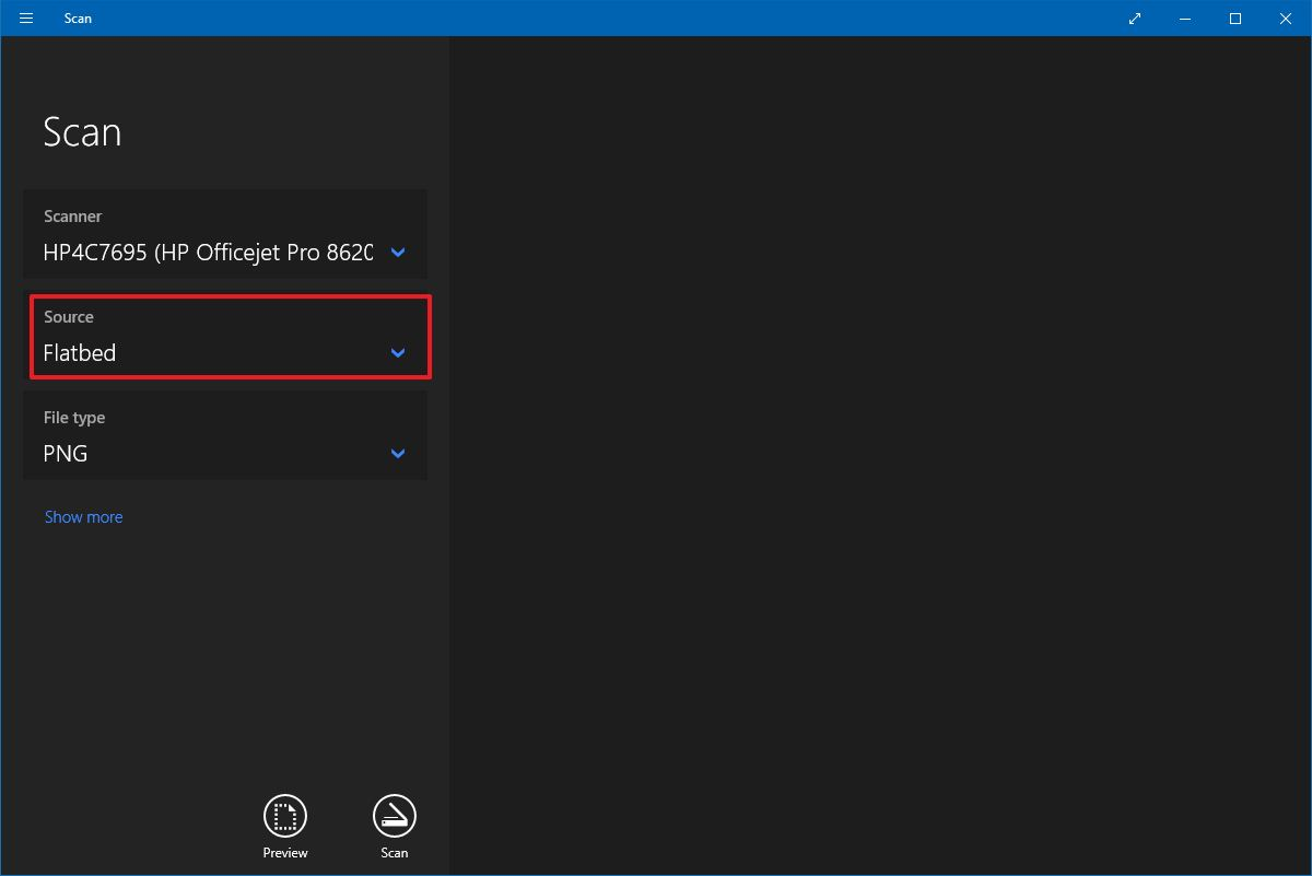 Windows Scan с раскрытым параметром способа подачи и выбранным планшетом