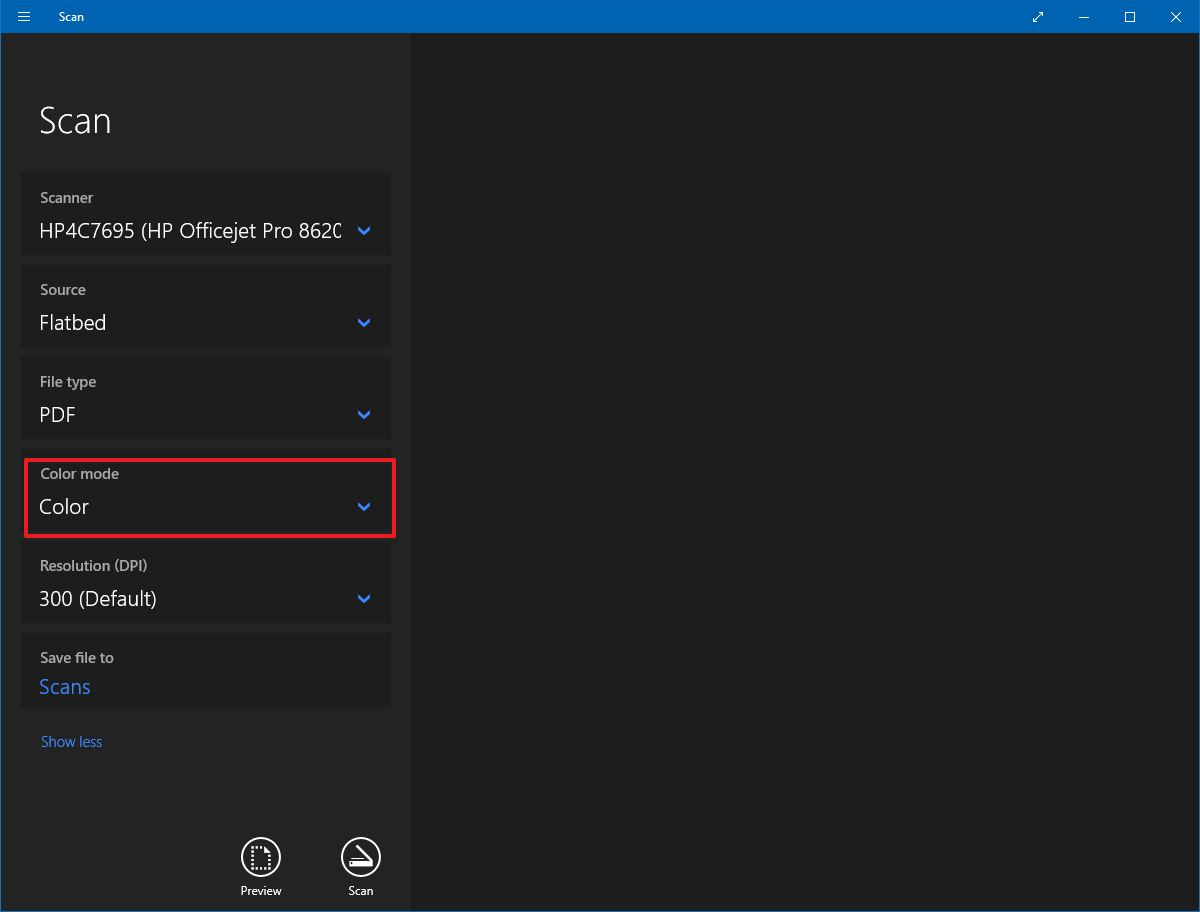 Windows Scan с параметрами цвета, разрешения и папки сохранения