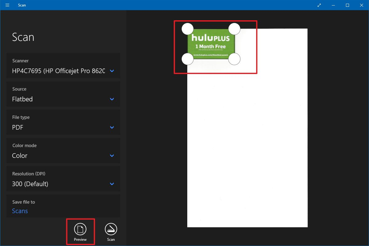 Предварительный просмотр Windows Scan с рамкой обрезки вокруг документа