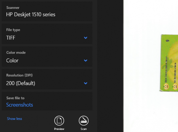 Раскрытые параметры Windows Scan с форматом TIFF, цветом, разрешением и папкой